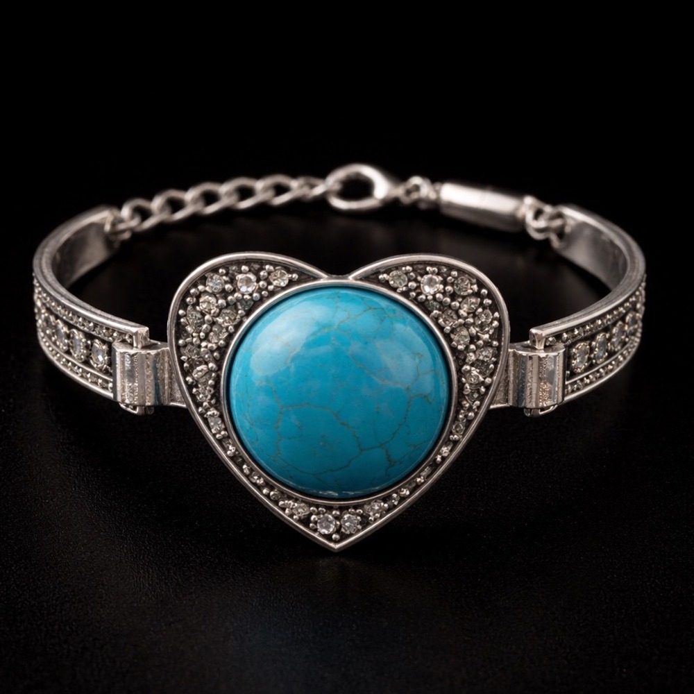 Turquoise Color Cabochon Heart Link Bracelet Rhinestone Filigree Adjustable Boho